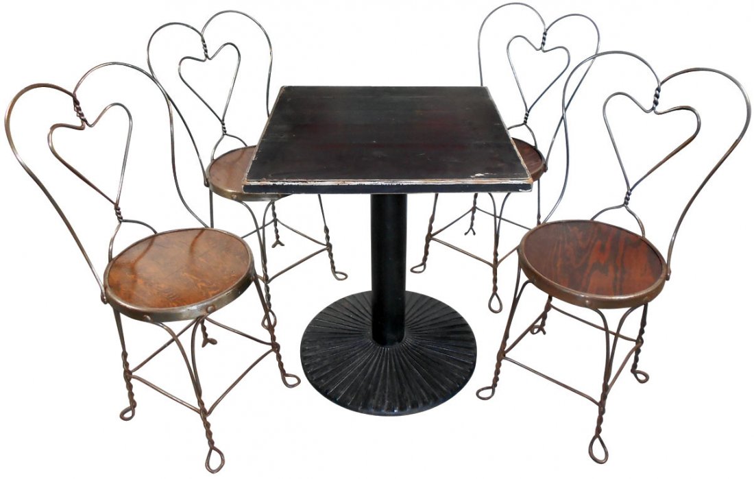 Ice cream parlor set (5), black painted square table: Ice cream parlor set (5), black painted square table w/4 heart-back wire & wood chairs, table has heavy cast base w/center spindle & distressed wood top, table 29.5"H x 24"Sq, wire chairs 35.5"H w/14.