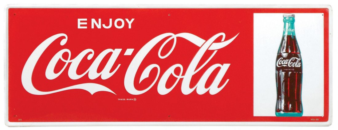 Coca-Cola sign, "Enjoy Coca-Cola" w/bottle, c.late: Coca-Cola sign, "Enjoy Coca-Cola" w/bottle, c.late 1950's to 60's, litho on metal in Exc cond w/minor edge wear, 12"H x 32"W.