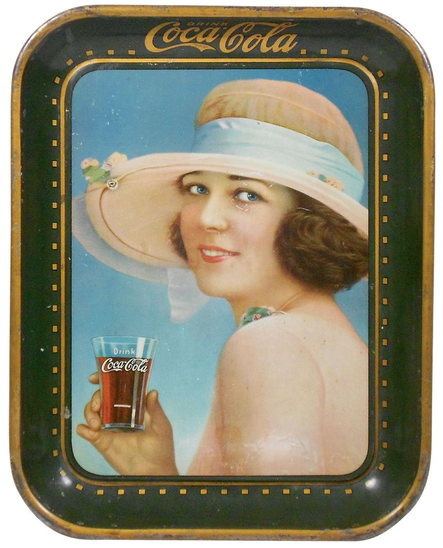 Coca-Cola serving tray, c.1922, H.D. Beach litho on: Coca-Cola serving tray, c.1922, H.D. Beach litho on metal, VG/Exc cond w/edge wear & minor background scratches, small blemish near edge of hat, 13.25"H x 10.5"W.