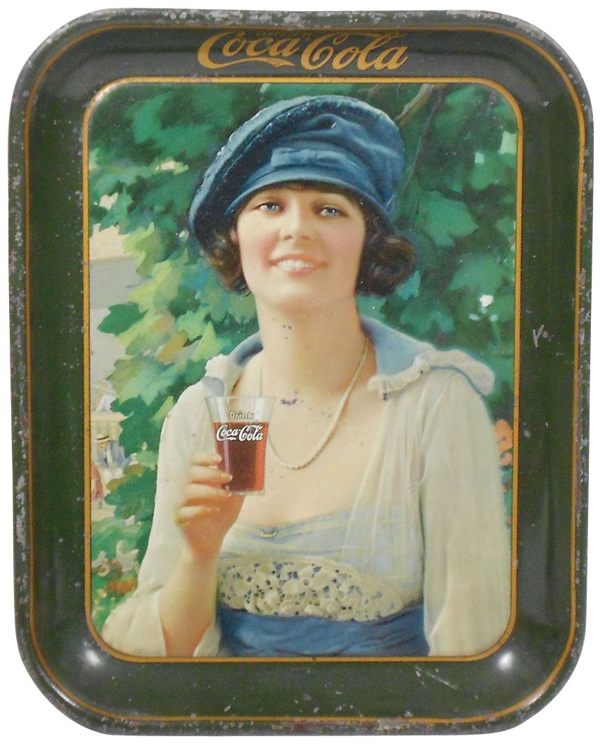 Coca-Cola serving tray, c.1921, litho on metal, VG cond: Coca-Cola serving tray, c.1921, litho on metal, VG cond w/edge wear & minor surface wear on image, 13.25"H x 10.5"W.