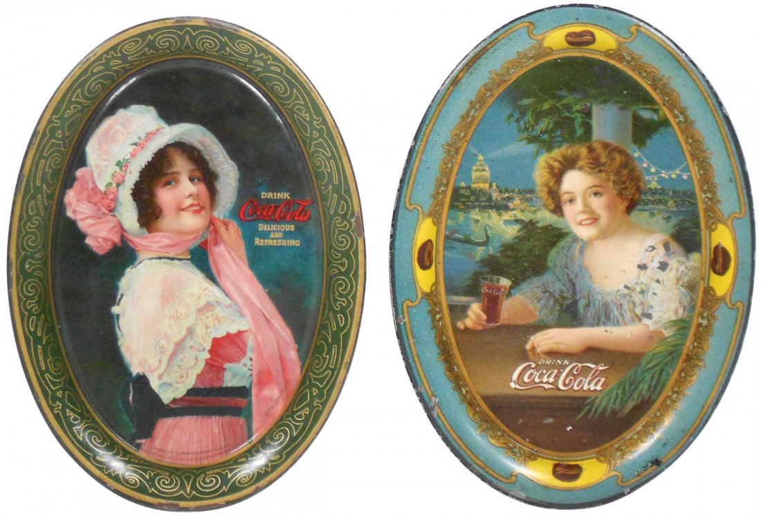 Coca-Cola change trays (2),c.1909 "Drink Coca-Cola", VG: Coca-Cola change trays (2),c.1909 "Drink Coca-Cola", VG cond w/minor paint wear & c.1914 "Drink Coca-Cola Delicious and Refreshing", VG/Exc cond w/minor wear, both 6"H x 4.5"W.