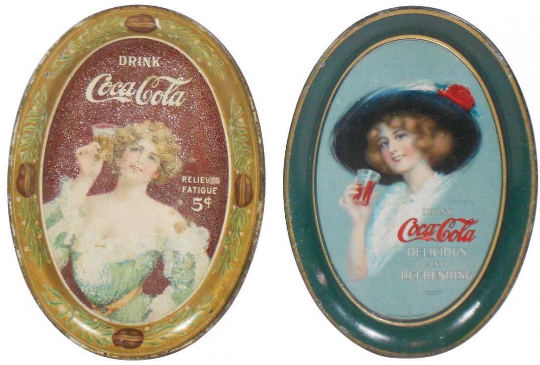Coca-Cola change trays (2), c.1913 "Drink Coca-Cola: Coca-Cola change trays (2), c.1913 "Drink Coca-Cola Delicious & Refreshing", VG/Exc cond w/minor paint wear & c.1907 "Drink Coca-Cola Relieves Fatigue", Fair cond w/fading & crazing, both 6"H x 4.5"W.