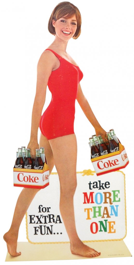 Coca-Cola cdbd cutout w/easel back, pretty bathing suit: Coca-Cola cdbd cutout w/easel back, pretty bathing suit girl carrying cartons, "For Extra Fun Take More Than One," c.1963, VG cond w/slight bend on neck & minor lower edge loss, 30"H x 15"W.