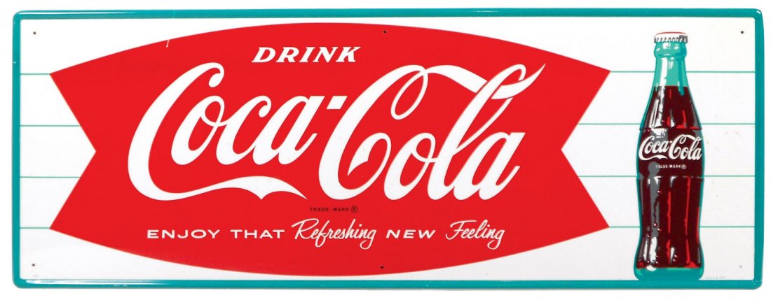 Coca-Cola sign, fishtail logo w/bottle & green borders,: Coca-Cola sign, fishtail logo w/bottle & green borders, NM cond w/very minor paint wear, c.1963, 18"H x 54"W.