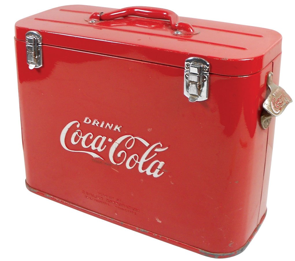 Coca-Cola airline cooler, embossed metal, marked: Coca-Cola airline cooler, embossed metal, marked Cavalier Corp, orig bottle opener, c.1950's, VG+ cond w/minor paint loss, 12"H x 17"W x 6.25"D.