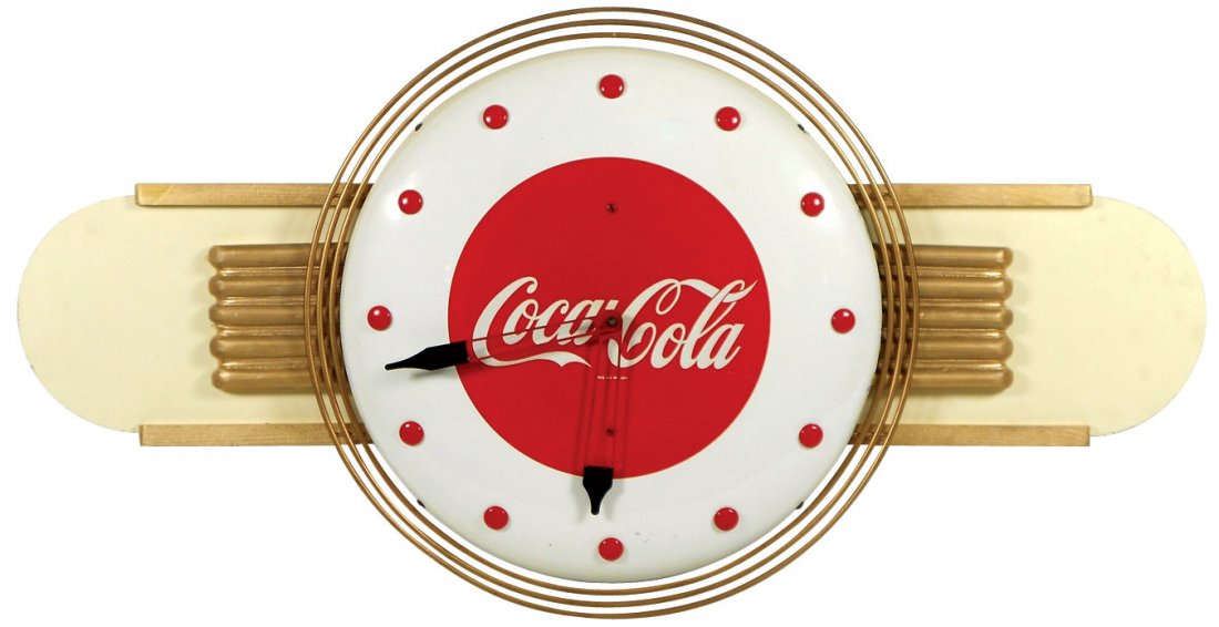 Coca-Cola clock, metal & Masonite by Kay Displays,: Coca-Cola clock, metal & Masonite by Kay Displays, c.1948, VG cond w/minor restoration to frame, 19"H x 36"W.