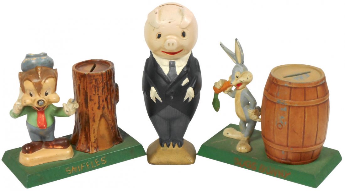 Still banks (3), Republic Pig, c.1970, Wilton Products,: Still banks (3), Republic Pig, c.1970, Wilton Products, ptd cast iron; Bugs Bunny at Barrel, ptd white metal & Sniffles at Tree Trunk, ptd white metal, VG to Exc cond, up to 7"H.