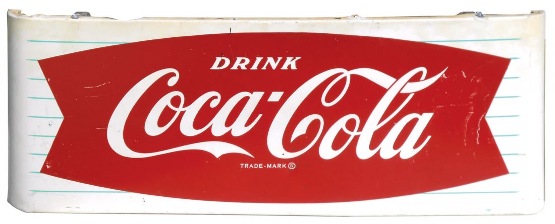 Coca-Cola fishtail sign, c.1960's, metal w/curved ends,: Coca-Cola fishtail sign, c.1960's, metal w/curved ends, Good+ cond w/some overall scuffs & scratches, 16"H x 43.5"W.