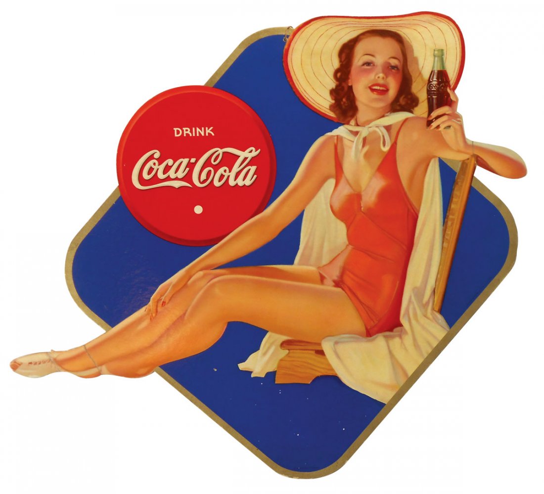 Coca-Cola cdbd cutout, pretty girl in chair w/bottle,: Coca-Cola cdbd cutout, pretty girl in chair w/bottle, c.1940, diamond shape, VG cond w/repair on legs & elbow, 22"H x 23"W.