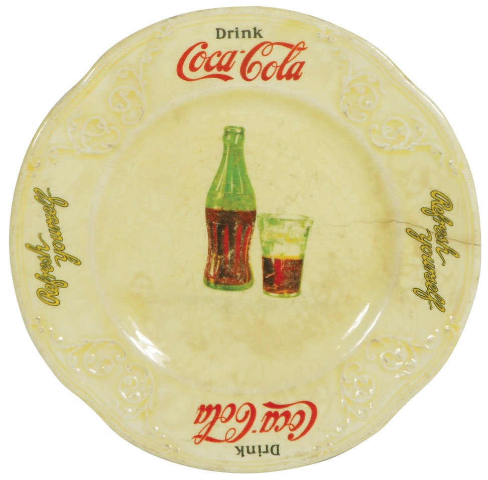 Coca-Cola sandwich plate, "Drink Coca-Cola Refresh: Coca-Cola sandwich plate, "Drink Coca-Cola Refresh Yourself" w/bottle & glass in center, E.M. Knowles China Co, c.1931, Good cond w/signs of use, 7.5"Dia.