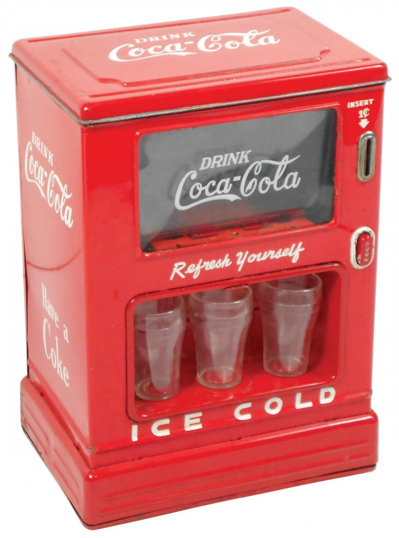 Coca-Cola toy dispenser, Linemar Marx battery-operated: Coca-Cola toy dispenser, Linemar Marx battery-operated metal dispenser w/3 plastic cups, takes pennies, VG+ cond w/some corrosion in battery area, 9.5"H x 6.5"W x 4.5"D.