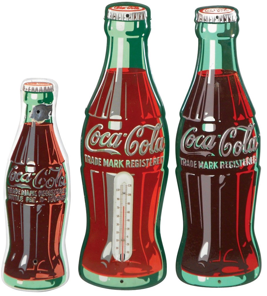 Coca-Cola signs & thermometer (3), porcelain & metal,: Coca-Cola signs & thermometer (3), porcelain & metal, c.1950's, VG cond w/some inpainting on porcelain & small repaired hole on metal thermometer, 12" to 14"H.