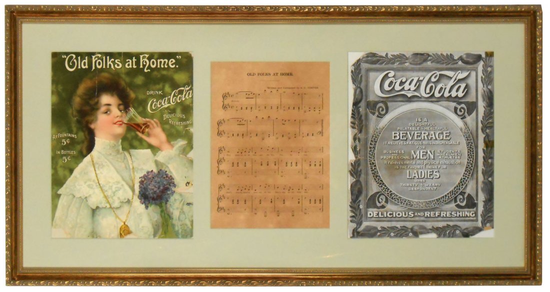 Coca-Cola sheet music, "Old Folks at Home drink: Coca-Cola sheet music, "Old Folks at Home drink Coca-Cola", Good/VG cond w/some edge wear, prof framed, 19"H x 37"W.