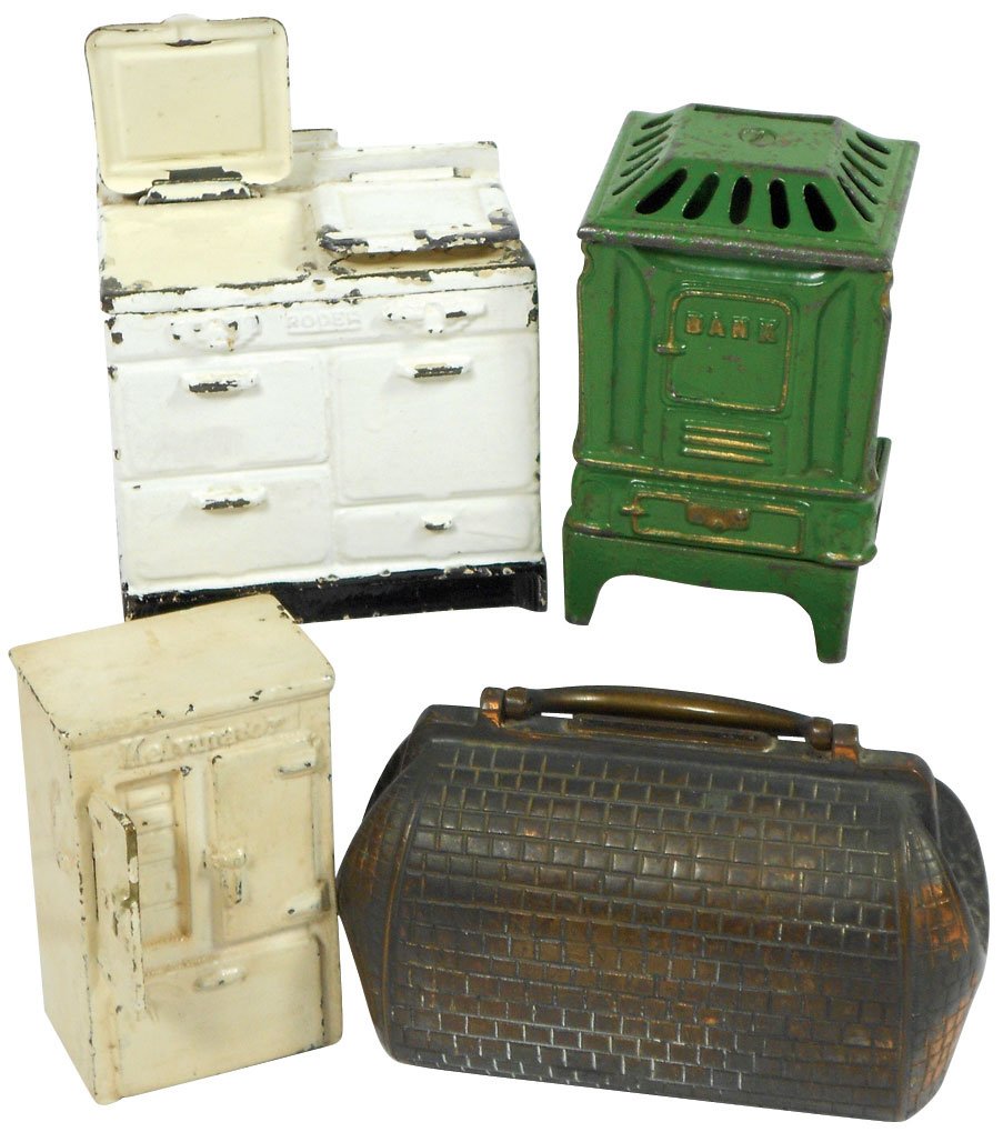 Still banks (4), Satchel, heavy steel; Kelvinator (door