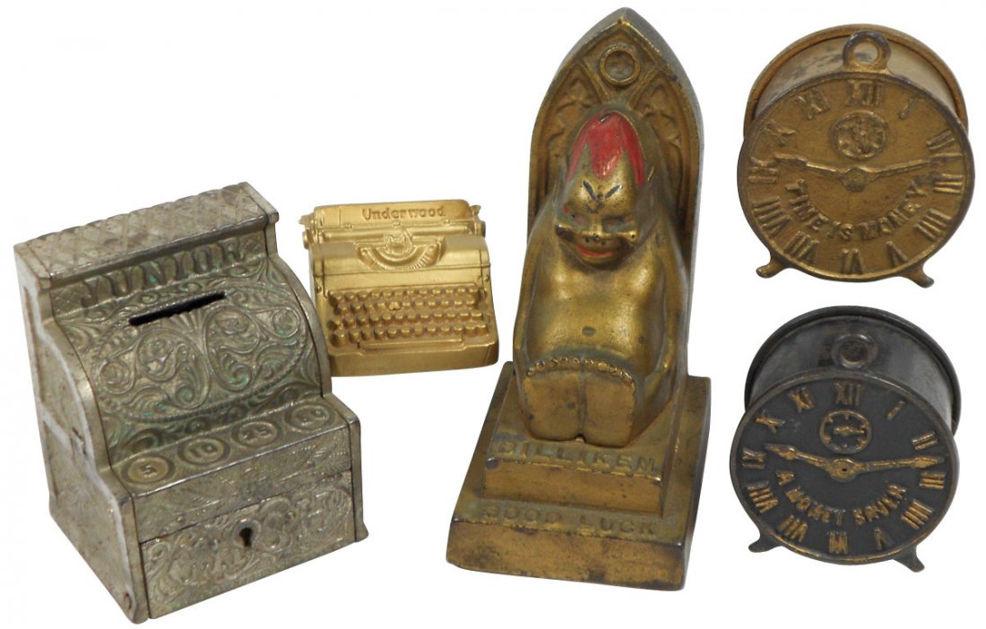 Still banks (5), Billiken on Throne-A.C. Williams,: Still banks (5), Billiken on Throne-A.C. Williams, c.1909; Junior Cash Register-J&E Stevens, c.1920's, no key; Underwood Typewriter-National Products, New York World's Fair 1939; A Money Saver-Arcade,