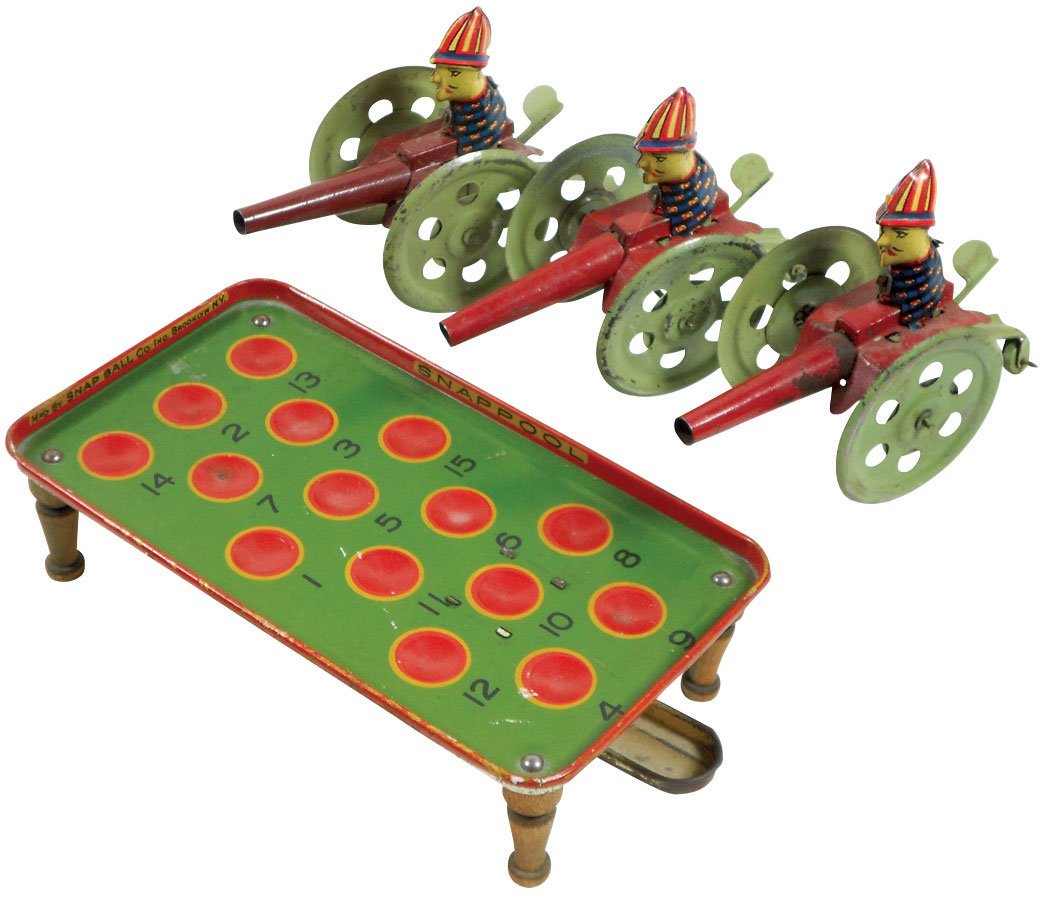 Toys (4), 3 litho on tin canons w/riders-use lever to: Toys (4), 3 litho on tin canons w/riders-use lever to fire, Exc cond & Snappool marble flipper game, litho on metal w/wood legs, mfgd by Snap Ball Co.-Brooklyn, NY, VG cond w/minor wear, up to 2.5"H x