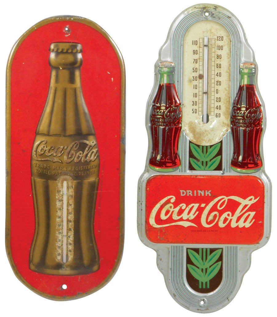 Coca-Cola thermometers (2),"Drink Coca-Cola" &: Coca-Cola thermometers (2),"Drink Coca-Cola" & Christmas bottle, c.1936 & 1941, both embossed litho on metal, Good/VG cond w/average wear, 16"H x 7"W.