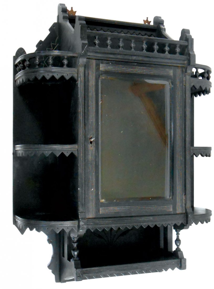 Furniture, Victorian hanging cabinet, ebonized wood: Furniture, Victorian hanging cabinet, ebonized wood w/beveled glass door, Stick & Ball trim, circular shelves & scalloped details, lower storage shelf, highly unusual, c.1880's, Exc cond, 36"H x 24"W.