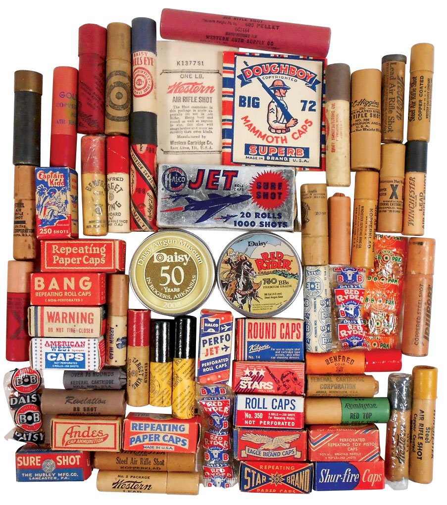 BB gun ammunition, lg lot of assorted ammo including: BB gun ammunition, lg lot of assorted ammo including early tubes; Arrow Head, Benfred Target King & 2 sizes National Big Chief Brand, all items VG/Exc cond, lgst 2"H x 4.25"W.