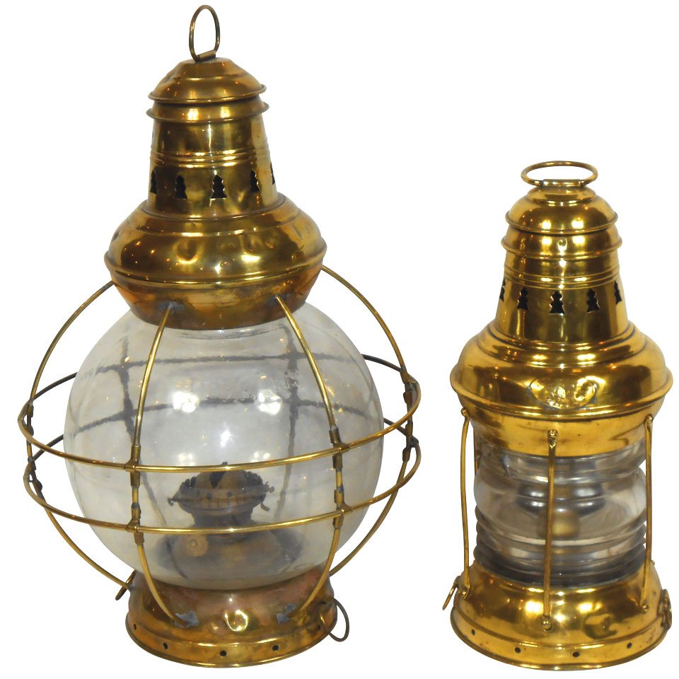 Lighting, ship lanterns (2), Perkins Marine: Lighting, ship lanterns (2), Perkins Marine Lamp-Brooklyn, NY, brass w/pierced design, polished, VG cond w/chipped globe & round brass lamp w/pierced designs, globe embossed Perkins 8, both Exc cond u