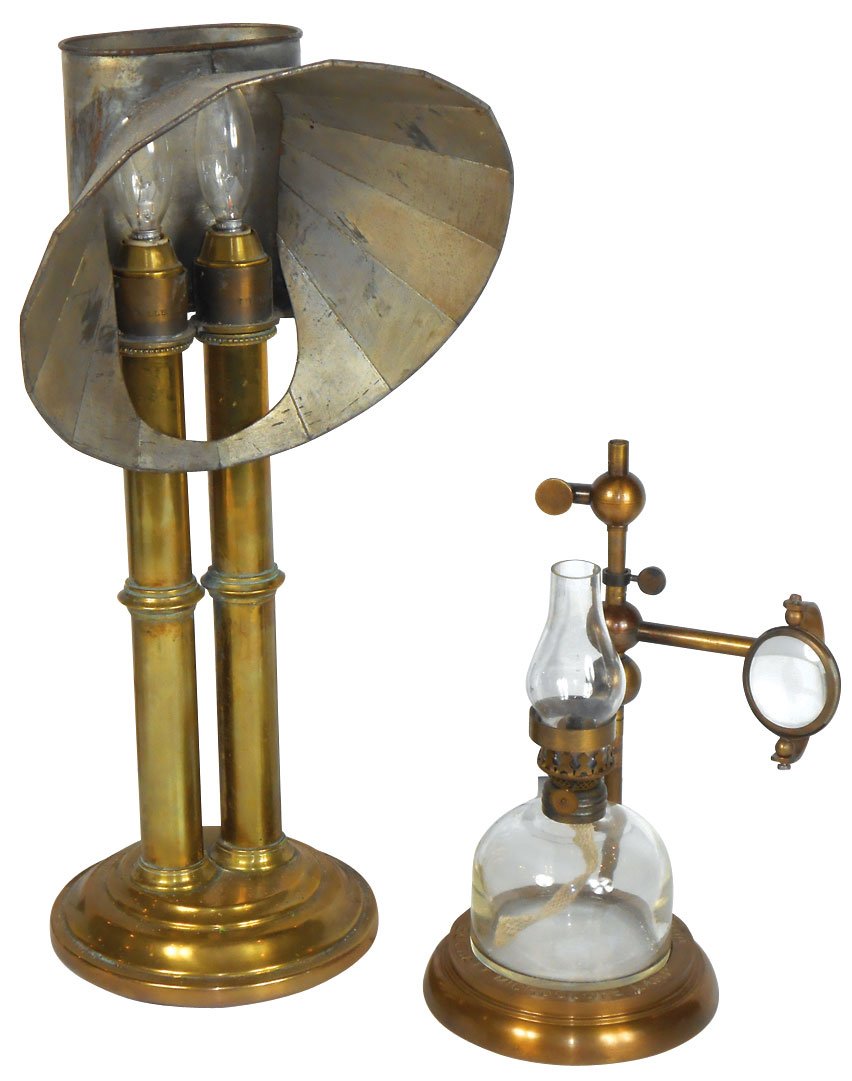 Lighting, early double tube brass desk lamp: Lighting, early double tube brass desk lamp w/reflector, orig oil, now electrified, Exc cond, 16"H x 8"Dia & Bockett Microscope Lamp, marked Collins-London, brass base & arm, Exc cond, 9"H.