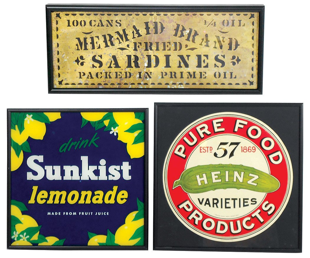 Country store signs (3), Mermaid Brand Fried Sardines: Country store signs (3), Mermaid Brand Fried Sardines framed copper stencil, 5.25"H x 13.25"W, paper barrel label for Heinz, 12.75"Sq & paper Sunkist lemonade, 12.25" Sq, copper stencil VG, others Exc