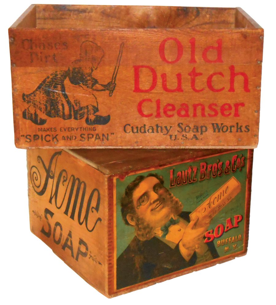 Country store adv boxes (2), Acme Soap dovetailed wood: Country store adv boxes (2), Acme Soap dovetailed wood box w/great paper label & Old Dutch Cleanser w/Dutch Girl graphics, both Exc cond, largest is 10"H x 20"W x 13"D.