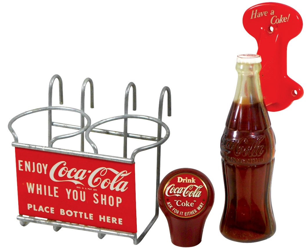 Coca-Cola smalls (3), metal shopping cart bottle holder: Coca-Cola smalls (3), metal shopping cart bottle holder w/"Enjoy Coca-Cola While You Shop Place Bottle Here", hard plastic door handle w/"Have a Coke" bottle & "Drink Coca-Cola" tap knob, c.1950's-196