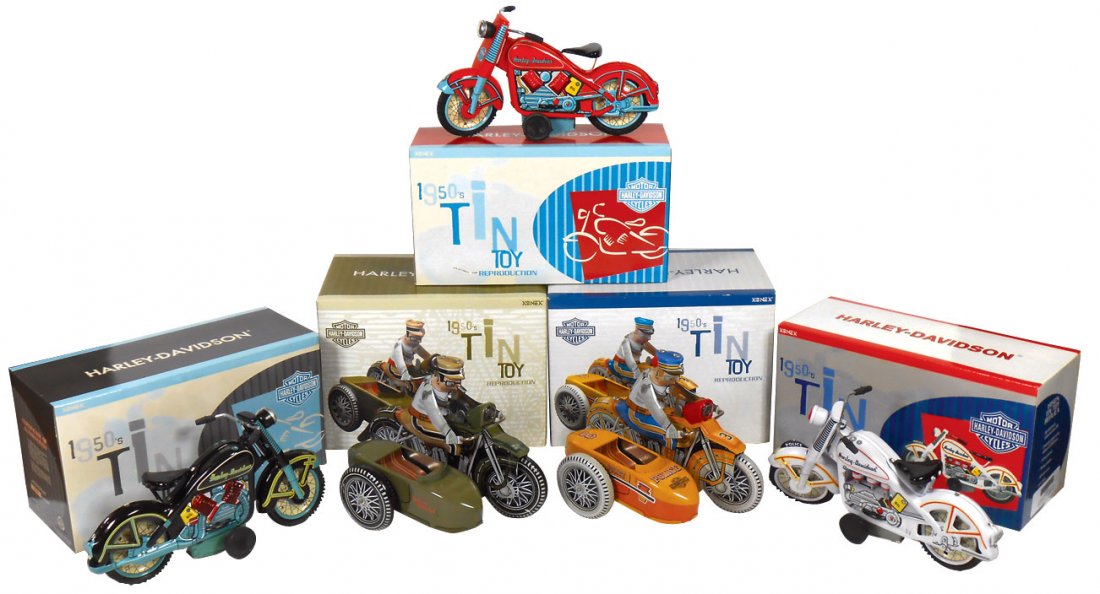 Toys (5), Harley-Davidson Tin Toy Replica motorcycles,: Toys (5), Harley-Davidson Tin Toy Replica motorcycles, 2 w/drivers, all Exc NOS cond, 8" to 9"L.