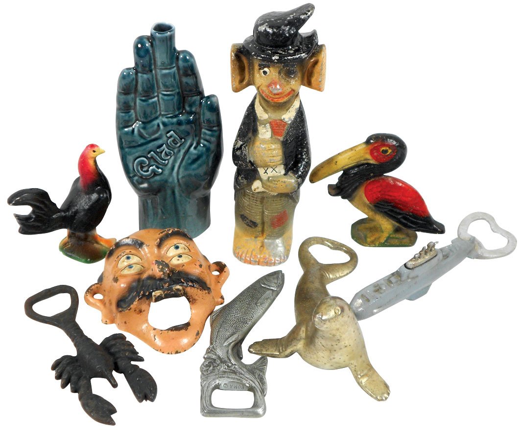 Breweriana (9), 7 figural bottle openers; seal,: Breweriana (9), 7 figural bottle openers; seal, lobster, fish, submarine, pelican, rooster, four-eyed man &"Bar Bum" tool holder, all cast iron & ceramic hand flask w/"Glad" on palm (opening at top of