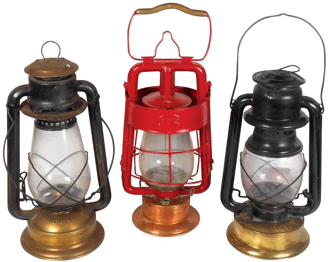 Lighting, lanterns (3), Hibbard, Spencer & Bartlett: Lighting, lanterns (3), Hibbard, Spencer & Bartlett O.V. Best #2 w/brass base, Dietz Fire Dept w/copper base, missing reservoir cap & C.T. Ham Mfg Co.-Rochester, NY, No. 2 Cold Blast w/brass base & to
