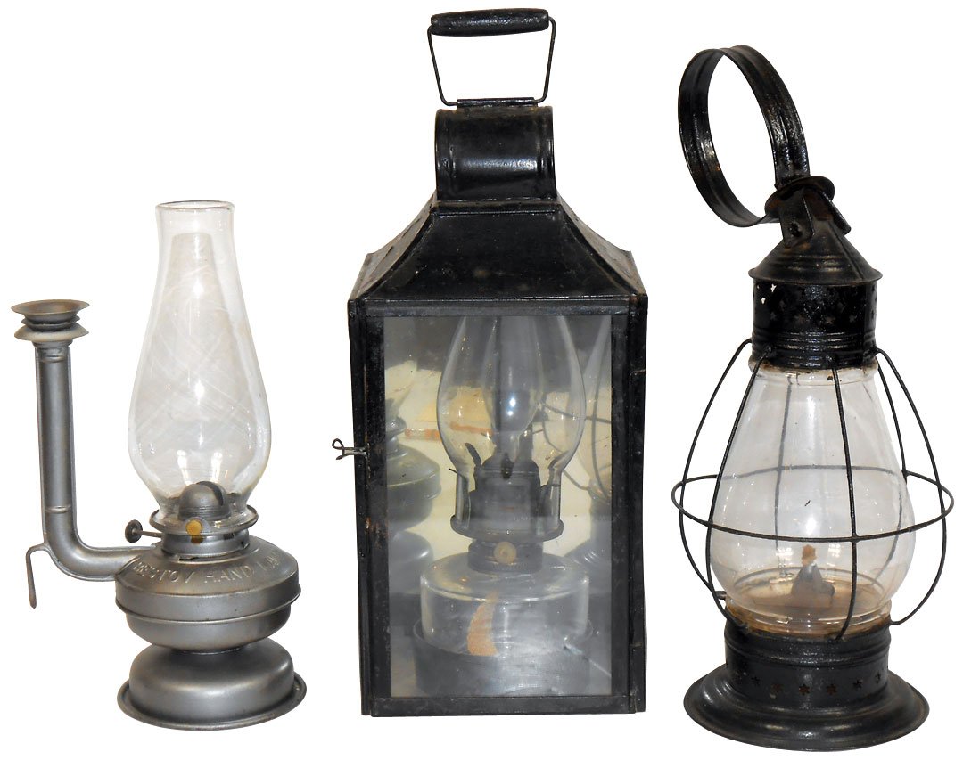 Lighting (3), barn lantern w/oil lamp, early, orig: Lighting (3), barn lantern w/oil lamp, early, orig black paint, reflector back, early caged tin lantern w/pierced star base & top, round strap handle & Dietz Bestov Hand Lamp-NY w/air tube (non-explos
