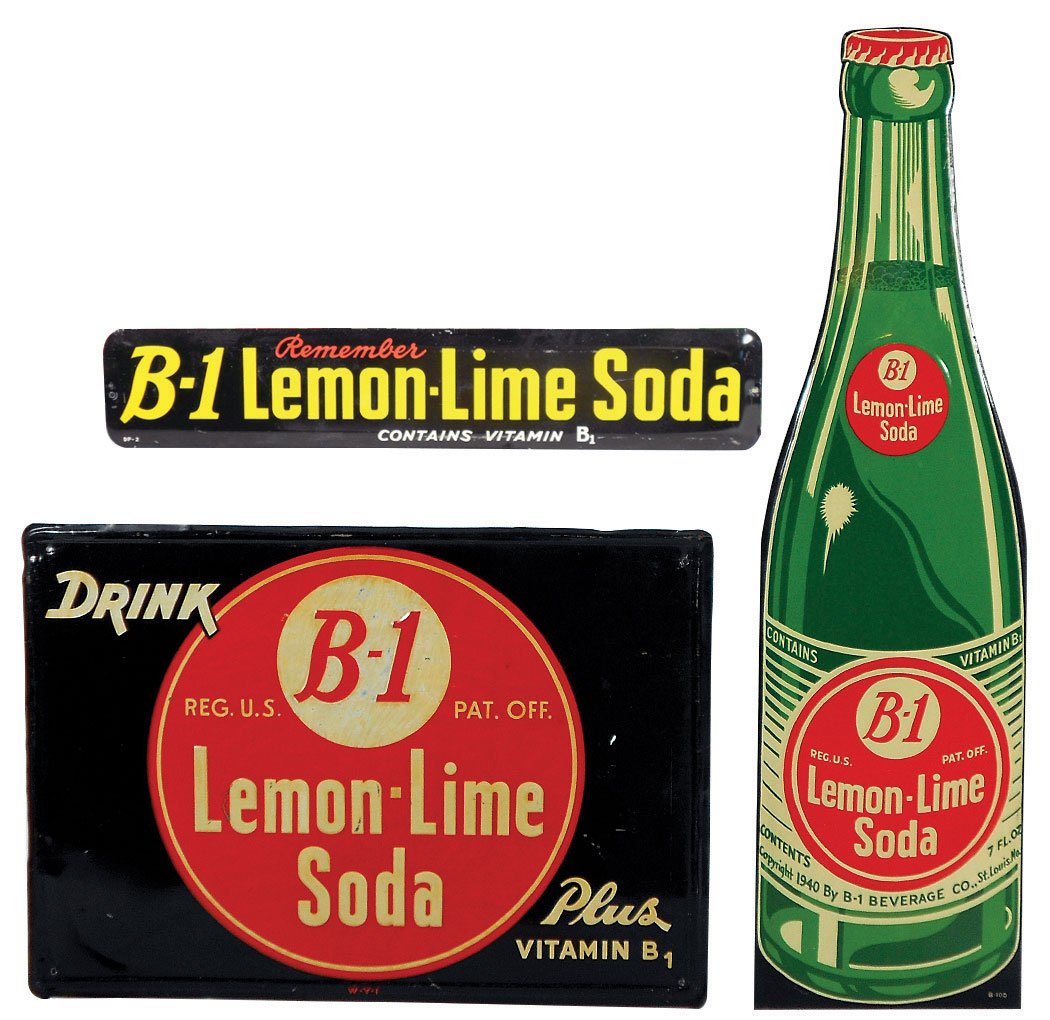 Soda fountain signs (3), all for B-1 Lemon-Lime Soda, 2: Soda fountain signs (3), all for B-1 Lemon-Lime Soda, 2 are embossed, all are metal, bottle-shaped sign in Exc cond, 27.75"H x 7.5"W, other 2 are VG/Exc.