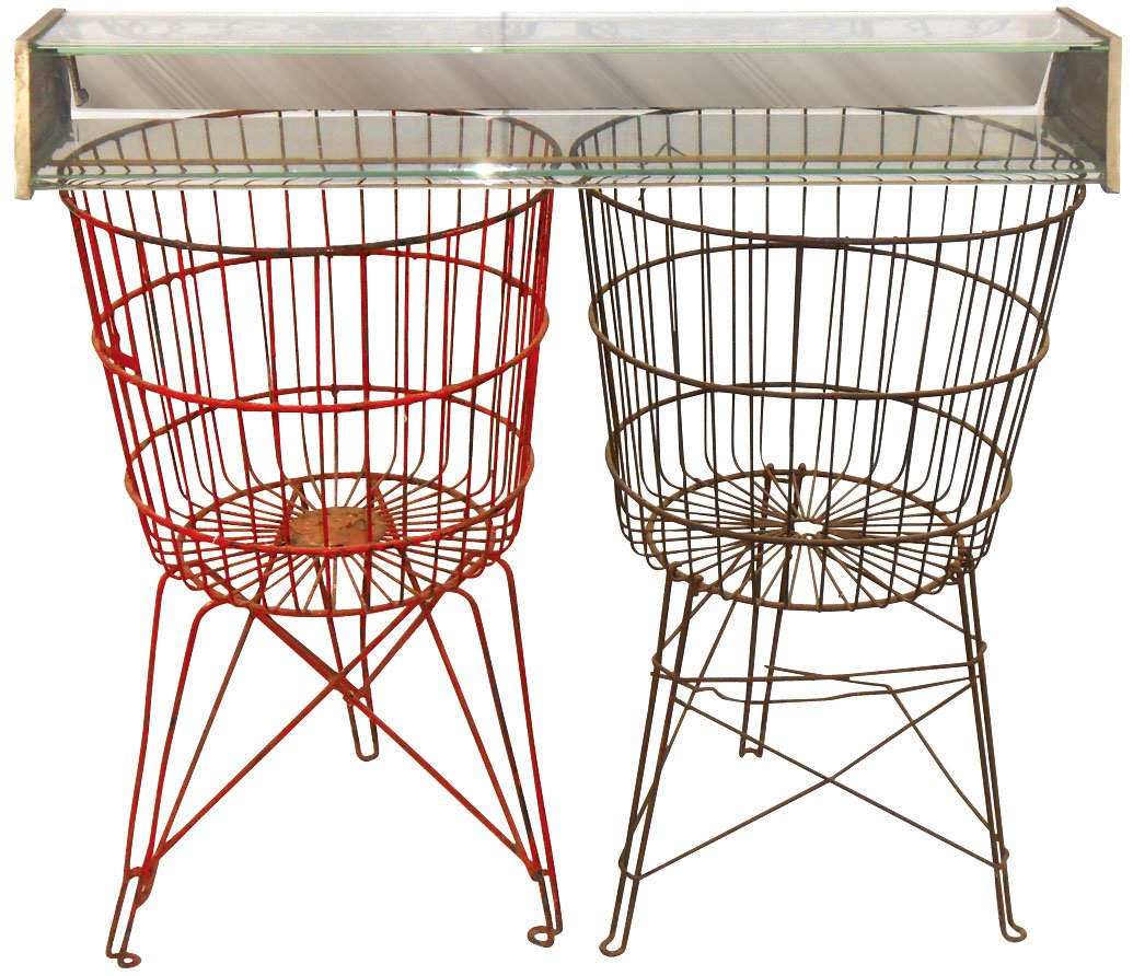 Country store wire baskets (2) & pie counter case: Country store wire baskets (2) & pie counter case w/slanted front, one basket has old orange paint, all Exc cond, baskets 28"H x 16"Dia, case is 5"H x 35"W.