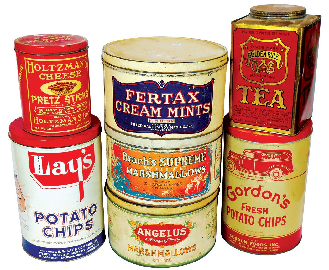 Country store tins (7), for potato chips, cream mints,: Country store tins (7), for potato chips, cream mints, marshmallows, pretzel sticks & tea, all VG & Exc cond, up to 11.5"H.