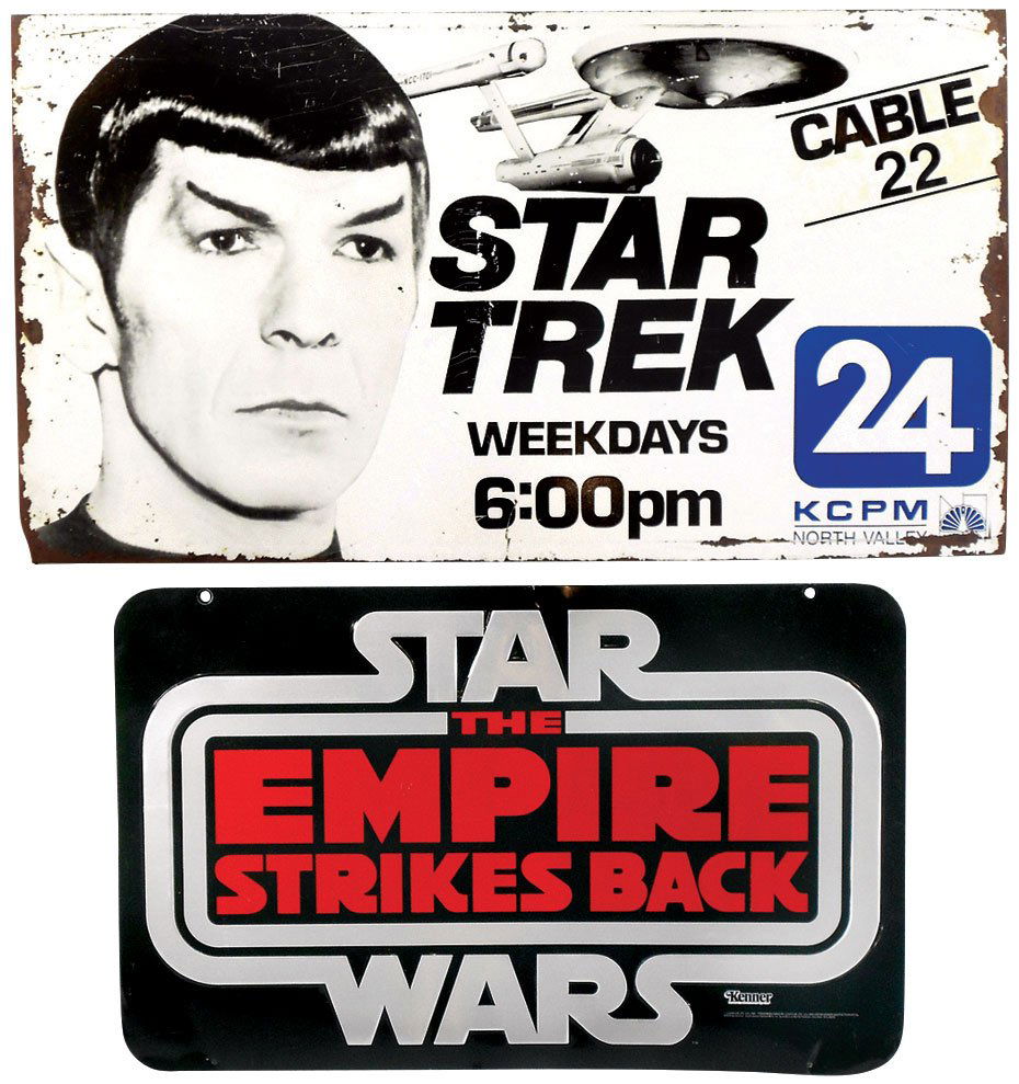 Star Wars & Star Trek signs (2), Star Wars The Empire: Star Wars & Star Trek signs (2), Star Wars The Empire Strikes Back by Kenner, metal, Exc cond & Star Trek Cable 22 metal sign from NBC 24 KCMP affiliate, Fair/Good cond w/wear, up to 20"H x 36"W.