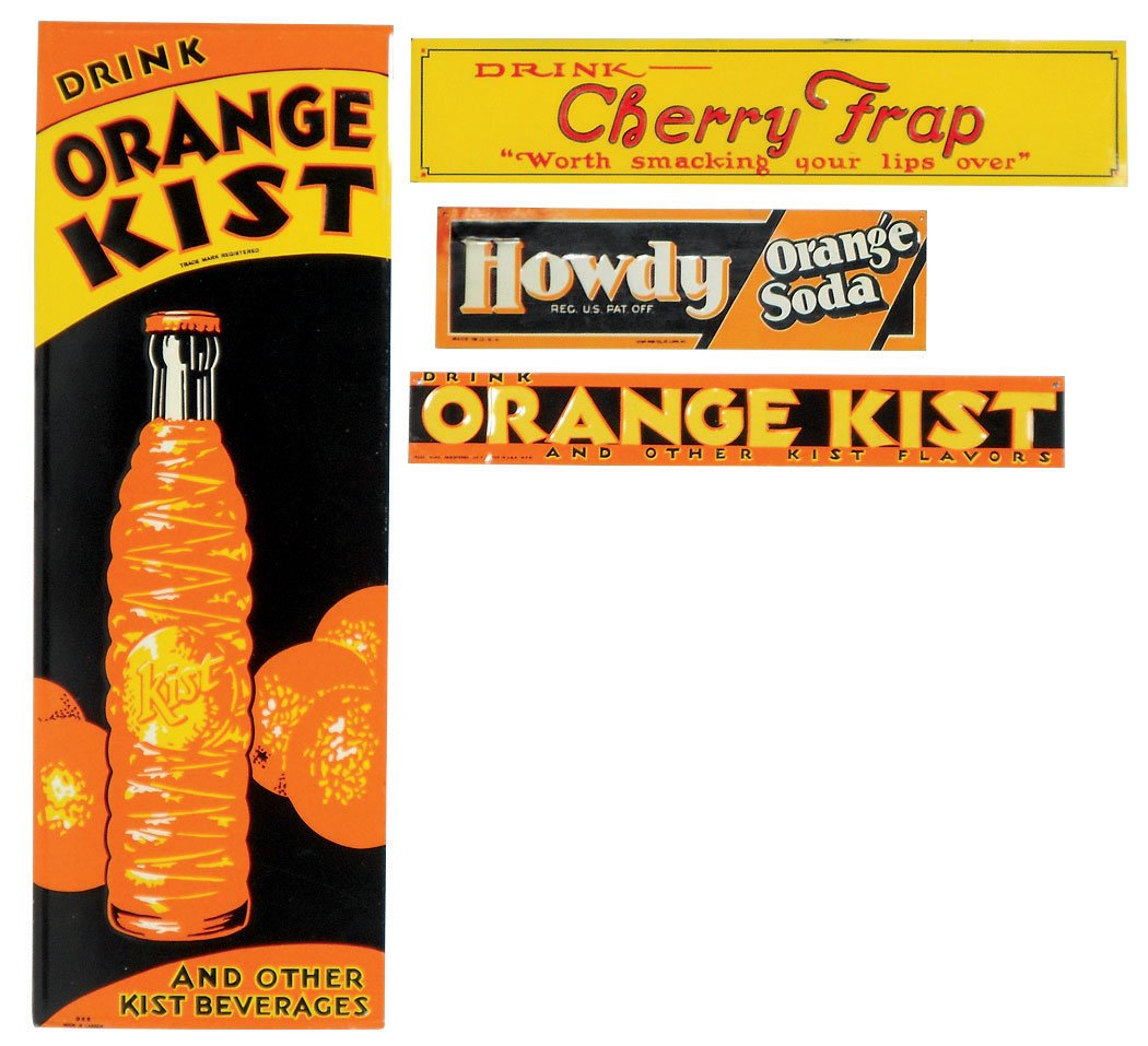 Soda fountain signs (4), Drink Cherry Frap, Howdy: Soda fountain signs (4), Drink Cherry Frap, Howdy Orange Soda by Stout Sign Co.-St. Louis & 2 Orange Kist, all are litho on emb metal in Exc cond, up to 27.5"H x 9.25"W.