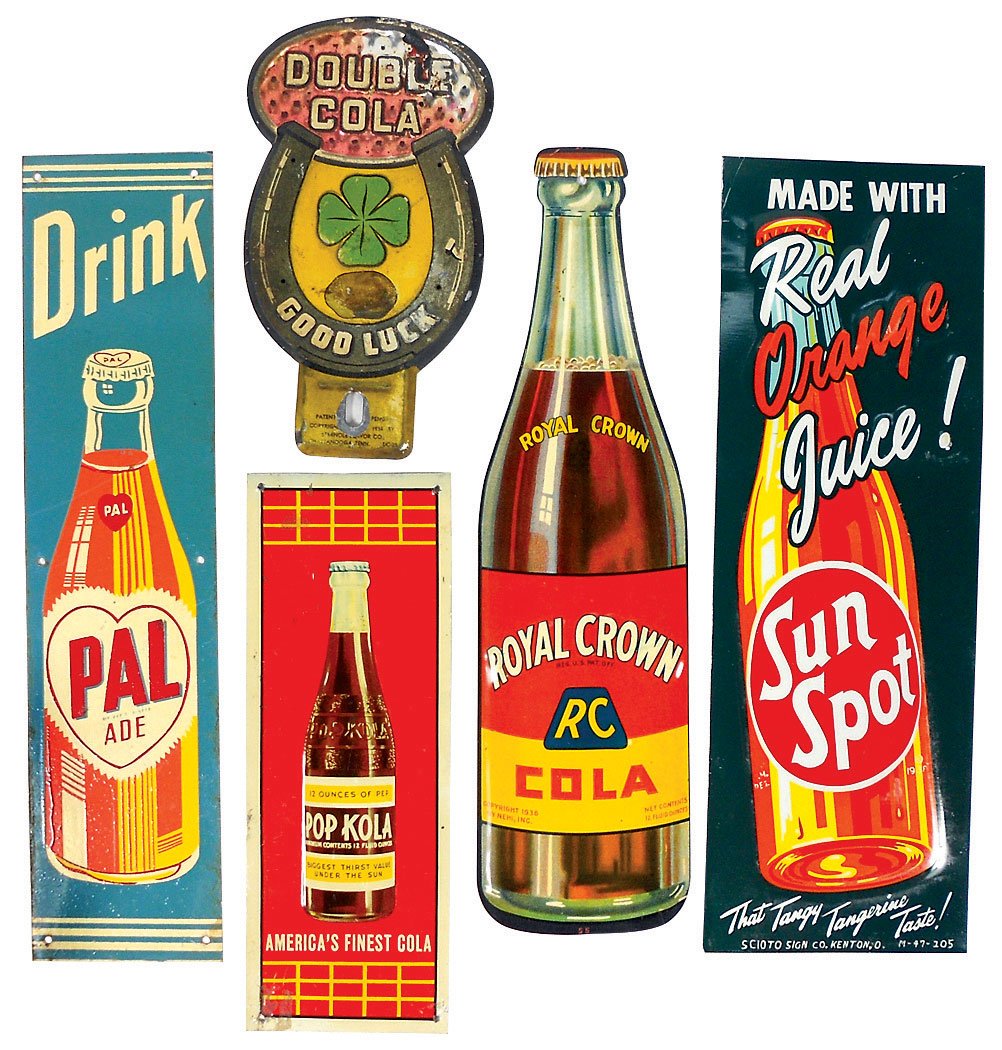 Soda fountain signs (5), Sun Spot by Scioto Sign: Soda fountain signs (5), Sun Spot by Scioto Sign Co.-Kenton OH, litho on emb metal, Exc; Royal Crown Cola by Nehi, Exc; Pop Kola, VG , Pal Ade, Exc & Double Cola license plate topper by Seminole Flavo