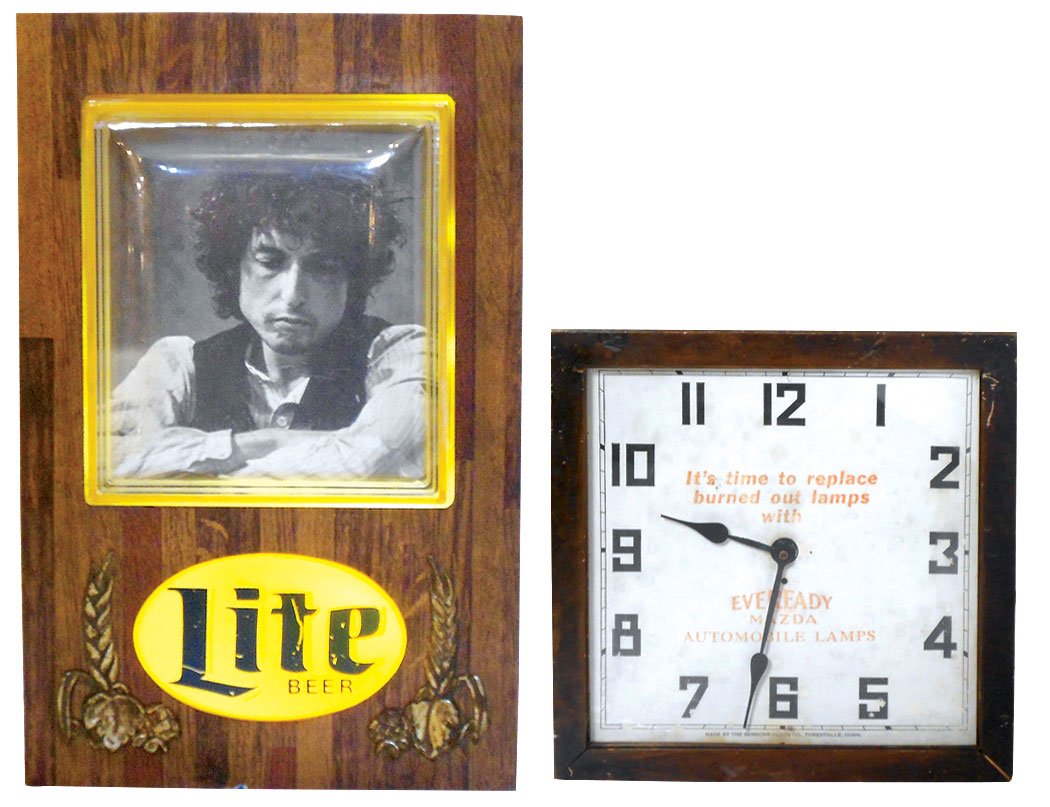 Advertising clock & light-up sign (2), Eveready Mazda: Advertising clock & light-up sign (2), Eveready Mazda clock & Bob Dylan Miller Lite light-up sign, Good cond w/wear, clock has contemporary movement, 13.5"Sq.