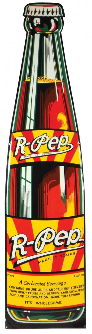 Soda fountain diecut bottle, "R-Pep-Make it Yours,": Soda fountain diecut bottle, "R-Pep-Make it Yours," litho on emb metal, contents listed, Exc cond, 47.5"H x 11.75"W.