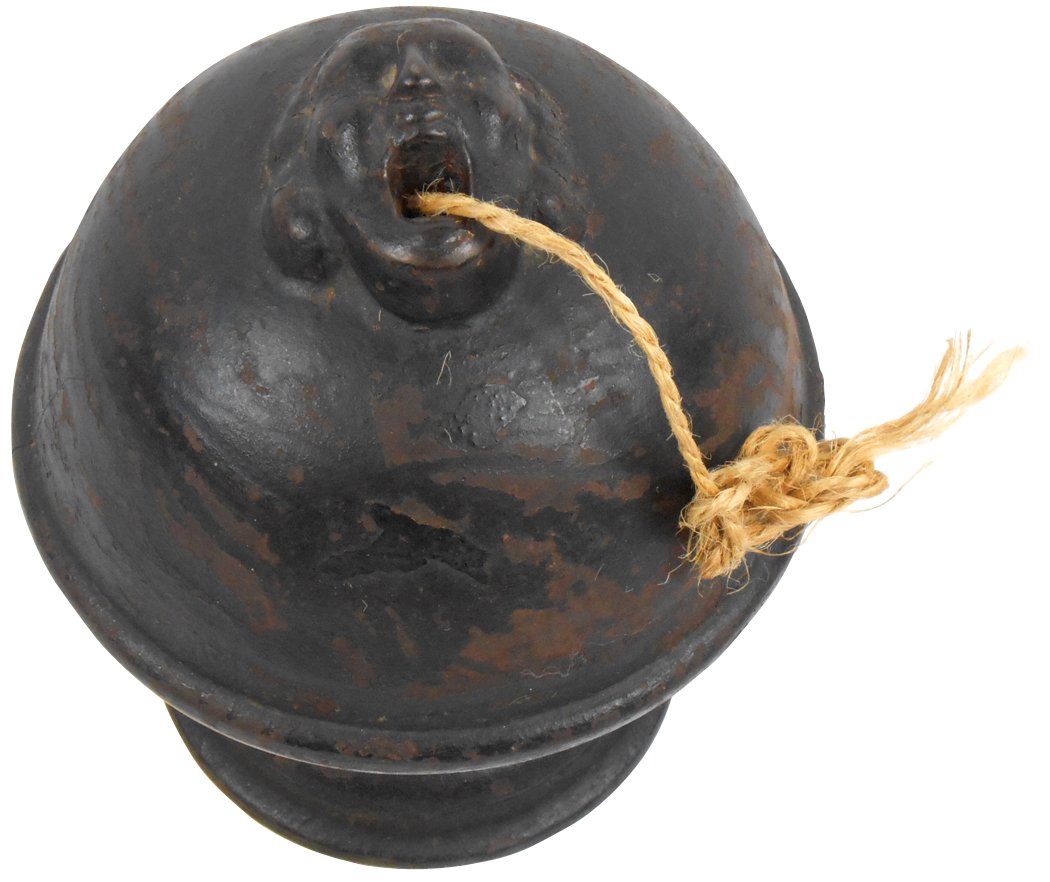 Country store cast iron string holder, ball-shaped,: Country store cast iron string holder, ball-shaped, woman w/open mouth cast in top, string dispenses from mouth, Rare, VG cond w/orig patina, 8"H x 7"Dia.