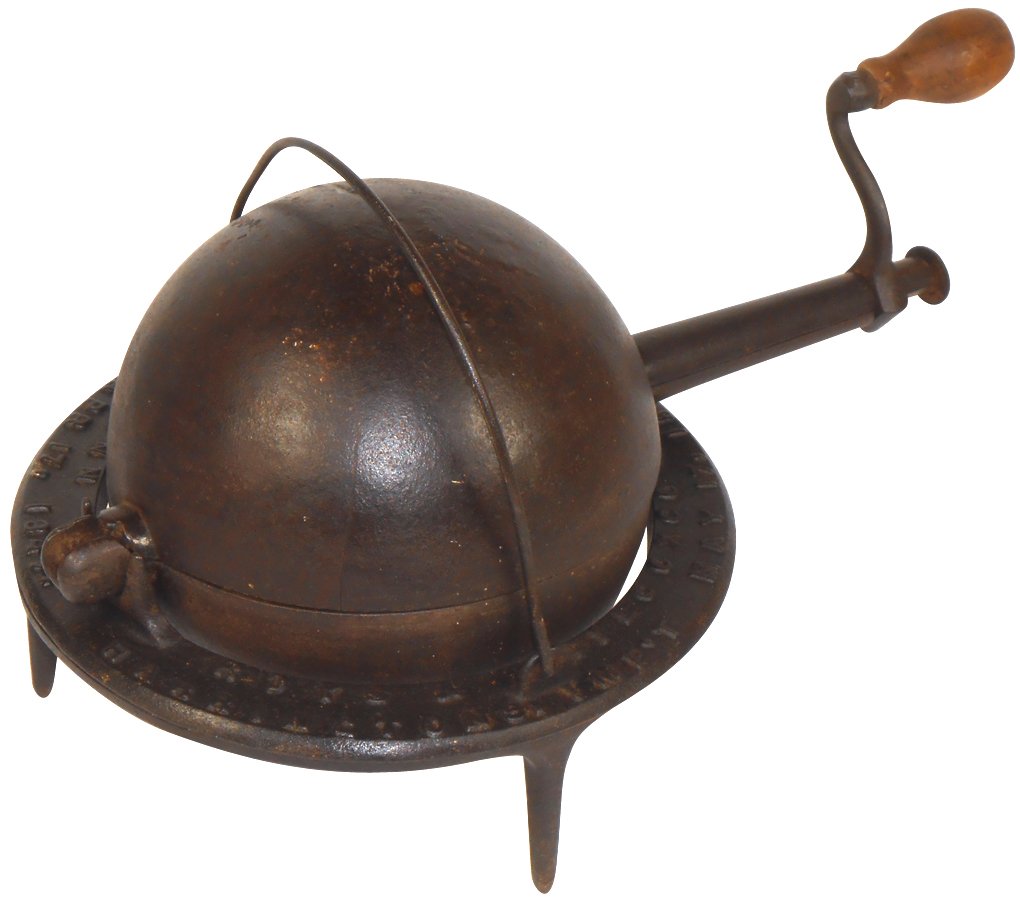 Coffee roaster, embossed cast iron "Woods Patent. Roy's: Coffee roaster, embossed cast iron "Woods Patent. Roy's & Wilcox Co.-Harrington's Import, Berlin, CT, patd May 17, 1859", hinged cannonball in frame w/bail handle & 3 legs, Rare, Exc cond, 9"H x 16"L.