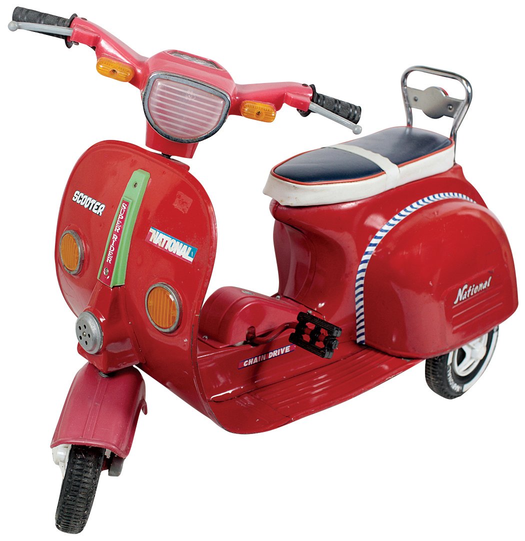 Toy pedal scooter, National Super Rider, pressed steel: Toy pedal scooter, National Super Rider, pressed steel body w/plastic handle bars, c.1960's, VG cond w/few minor dents, 22.5"H x 37"L.