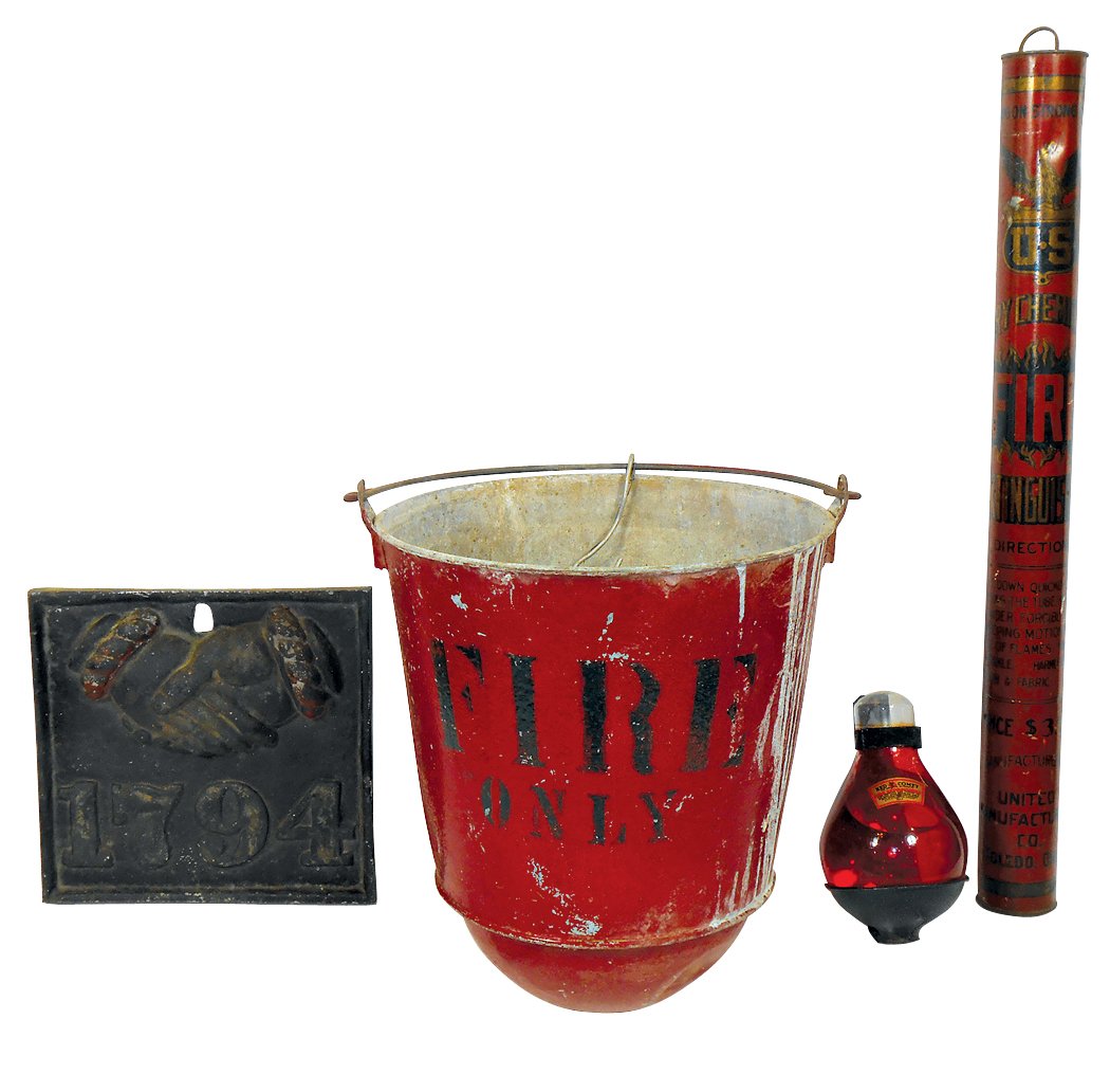 Fire bucket, extinguishers & plaque, cast aluminum fire: Fire bucket, extinguishers & plaque, cast aluminum fire plaque w/clasped hands, embossed 1794 w/old red/black paint, red round bottom "Fire Only" bucket & U.S. Dry Chemical extinguisher-Toledo, O., al