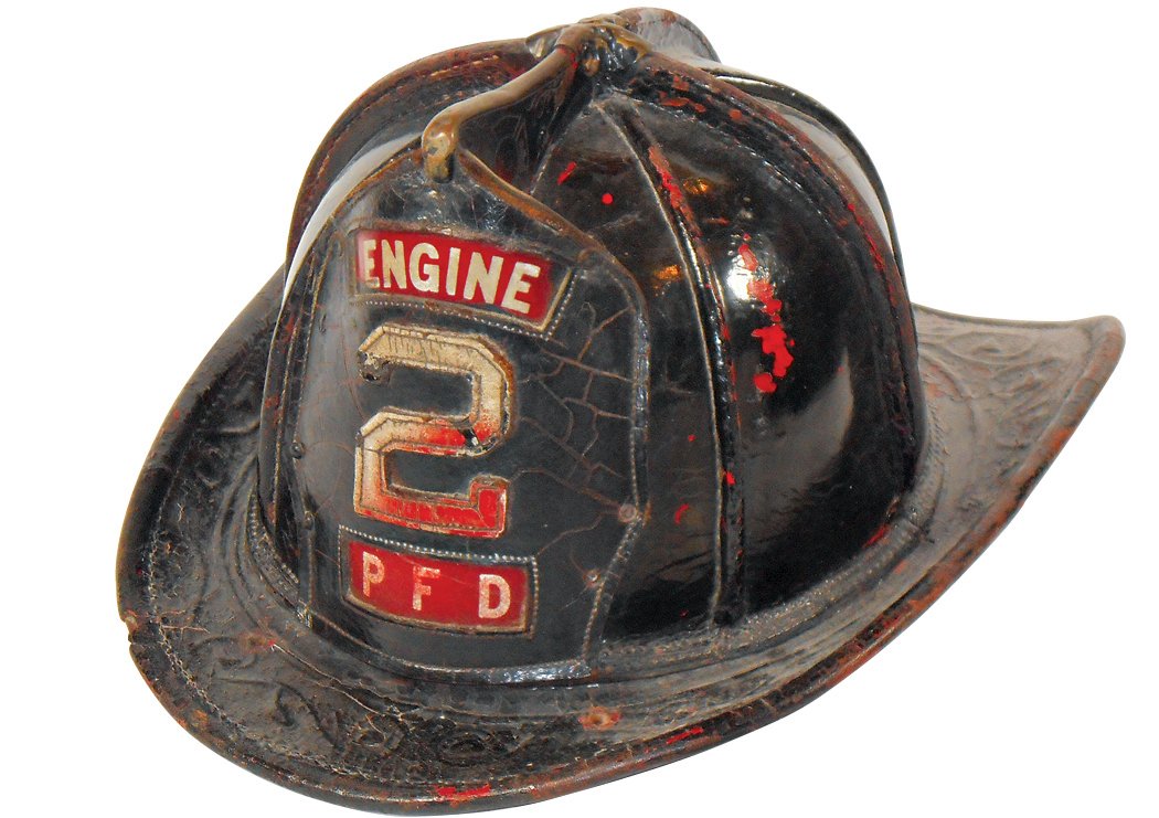 Fire department helmet, Engine #2 PFD (Philadelphia),: Fire department helmet, Engine #2 PFD (Philadelphia), mfgd by Cairns & Brother Inc,-Clifton, NJ, Firemen's Equipment & Supplies, VG cond w/average wear.