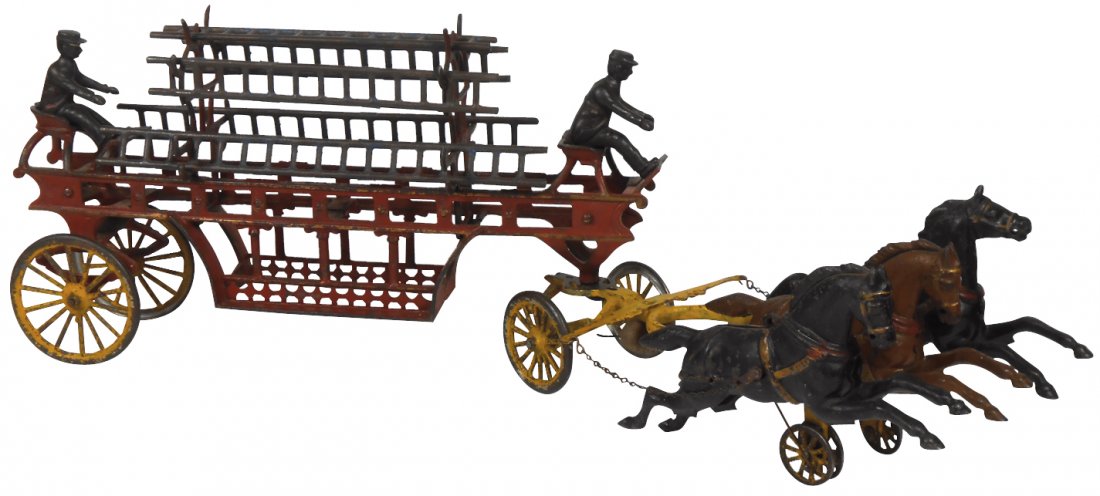 Toy, fire hook & ladder, probably mfgd by Dent or: Toy, fire hook & ladder, probably mfgd by Dent or Kenton, cast iron w/3-horses, driver & rider, all ladders present, missing steering wheel, VG cond w/orig paint, 9.5"H x 28.5"L.