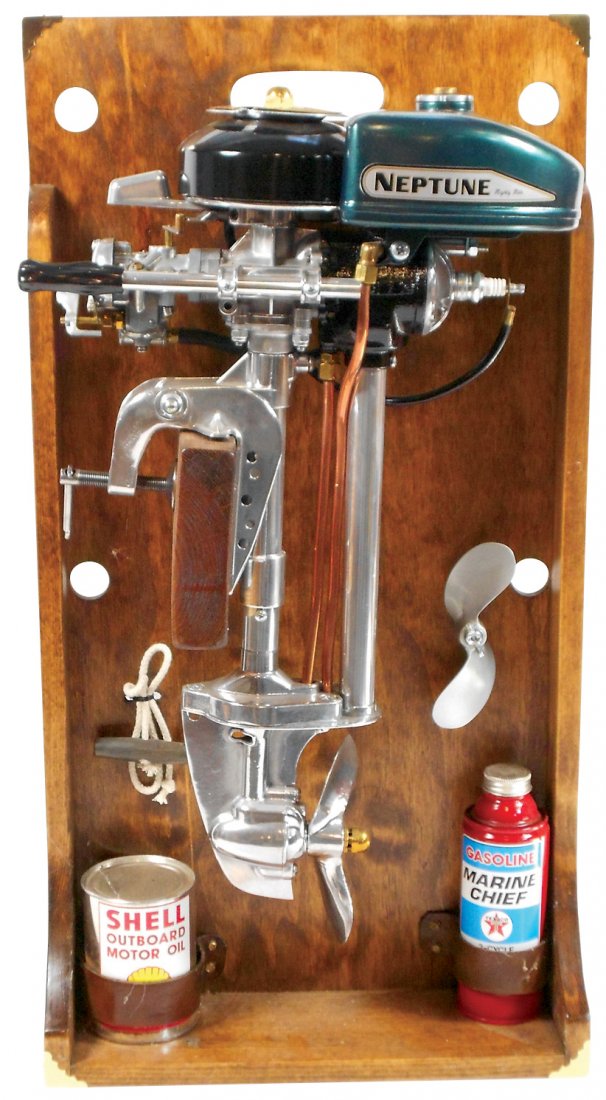 Boat motor display, Neptune Mighty Mite from Muncie: Boat motor display, Neptune Mighty Mite from Muncie Gear Works, clamped to display board w/Shell Oil & Texaco Gas cans, prof restored in green & black, polished chrome & copper, Exc cond, 30"H x 16"W.