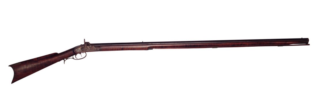 Firearm, mantle display rifle, percussion, .30 cal: Firearm, mantle display rifle, percussion, .30 cal w/octagon barrel, nicely grained tiger-walnut, Good cond w/moderate wear, 60.5"L.