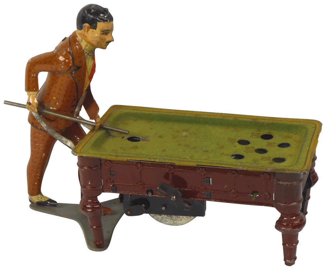 Toy, pool shooter, litho on tin wind-up, felt-like: Toy, pool shooter, litho on tin wind-up, felt-like table surface, c.1900, Near-Mint wkg cond, 5.5"H x 8"W.