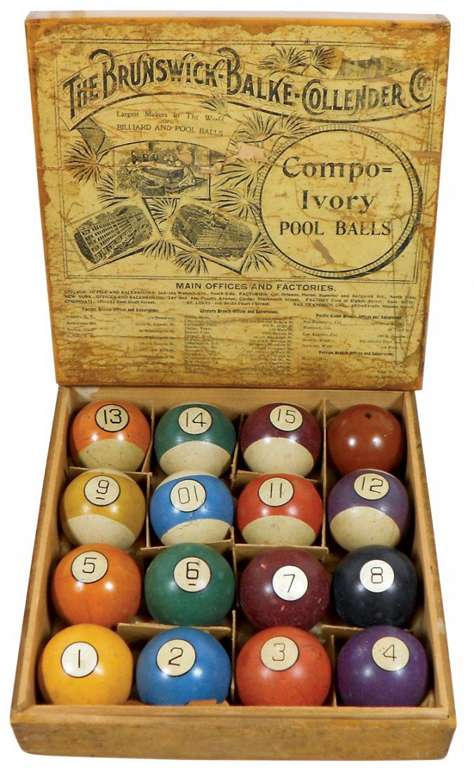 Billiard balls, 16 composite balls w/red cue ball in: Billiard balls, 16 composite balls w/red cue ball in Brunswick-Balke-Collender dovetailed wood box, "Compo=Ivory Pool Balls" on paper label, early 1900's, VG cond w/signs of use & some loss on paper l